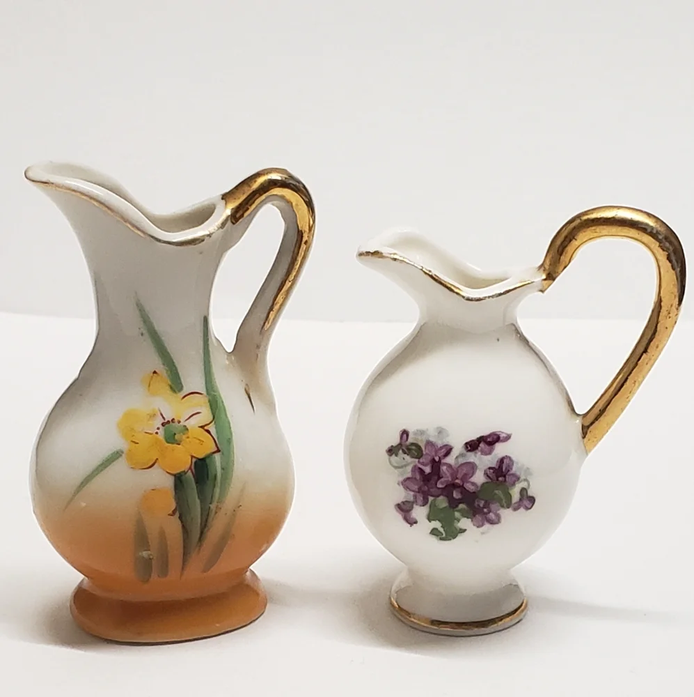 2 Vintage Mini Hand Painted Flower Creamer Vases, Made in Japan & Bone China